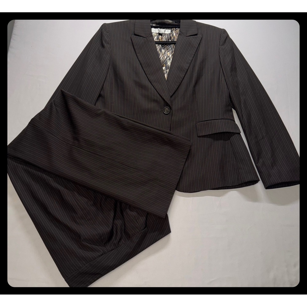 Tahari Pant Suit Women 14P Brown Pinstripe Career Professional